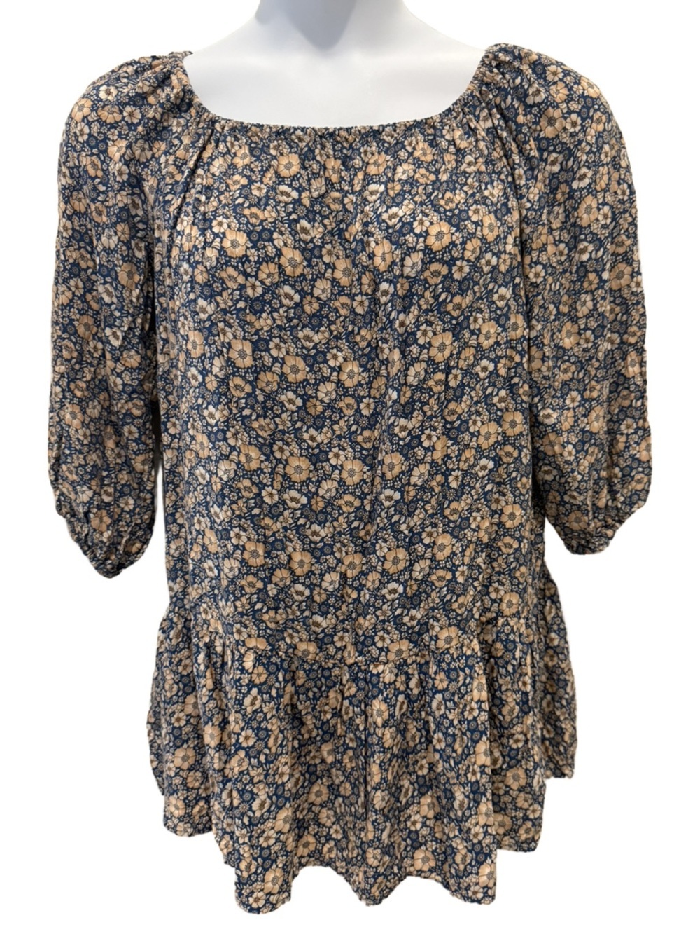 Floral Peasant Blouse - Navy & Beige. Medium